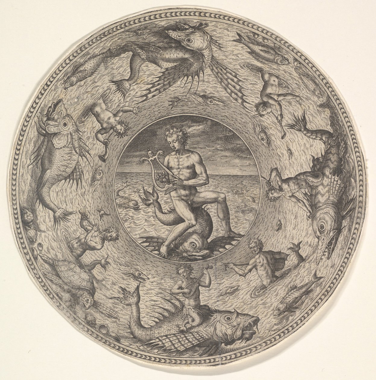 Arion en un Delfín Rodeado por un Borde Decorado con Criaturas Marinas, de un Conjunto de de Adriaen Collaert
