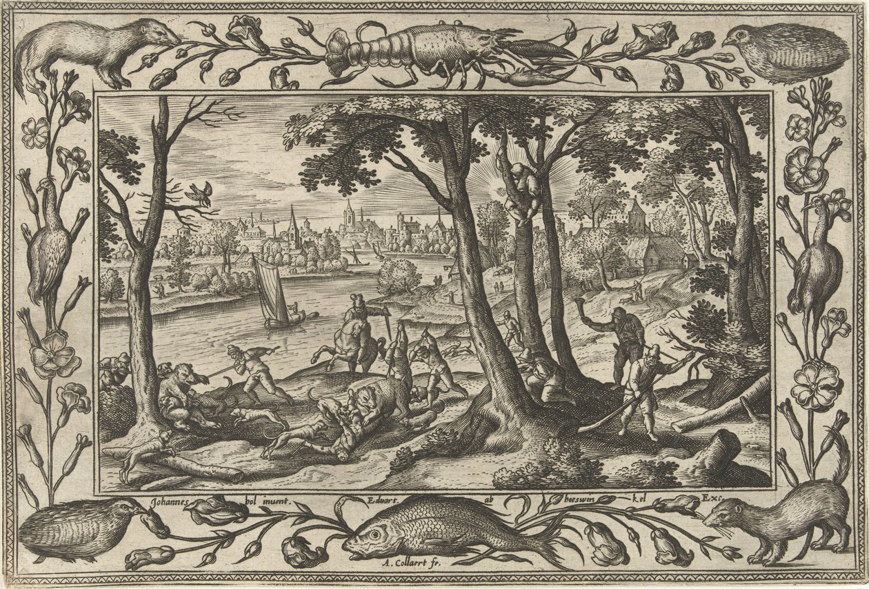 caza de osos Paisajes con escenas bíblicas, mitológicas y escenas de caza (título de la serie) de Adriaen Collaert