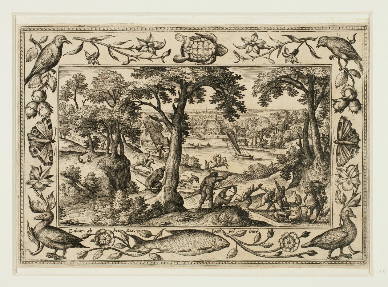 Caza del jabalí, de Paisajes con escenas del Antiguo y Nuevo Testamento y Escenas de caza de Adriaen Collaert