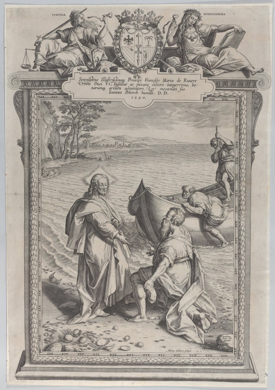 Cristo llamando a San Andrés, que se arrodilla ante él en una playa, y a San Pedro, que sube..., 1590 de Adriaen Collaert
