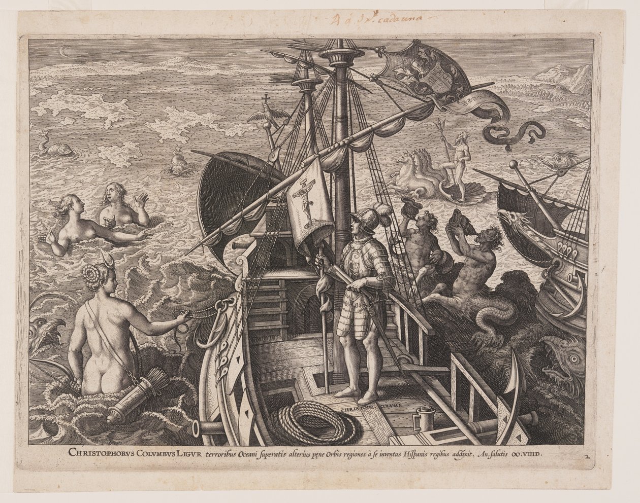 Cristóbal Colón en su barco, de Americae Retectio (El descubrimiento de América) de Adriaen Collaert