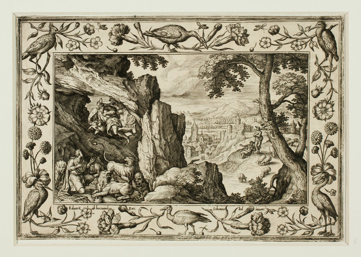 Daniel en la guarida del león, de Paisajes con escenas del Antiguo y Nuevo Testamento y Escenas de caza de Adriaen Collaert
