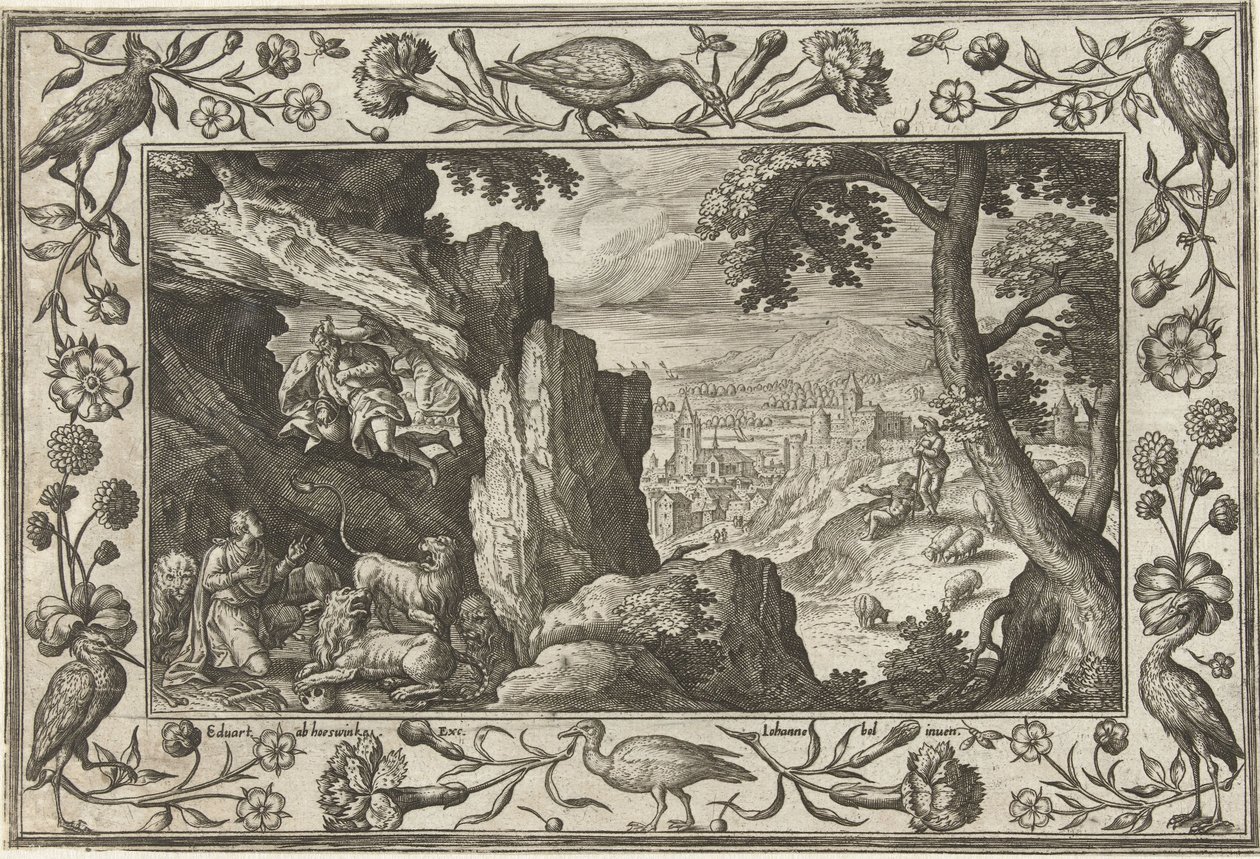 Daniel en el foso de los leones Paisajes con escenas bíblicas, mitológicas y escenas de caza (título de la serie) de Adriaen Collaert