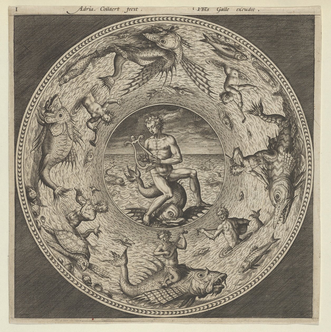 Diseño para un plato con Arion montando un delfín en un medallón bordeado por monstruos marinos, c. 1600 de Adriaen Collaert