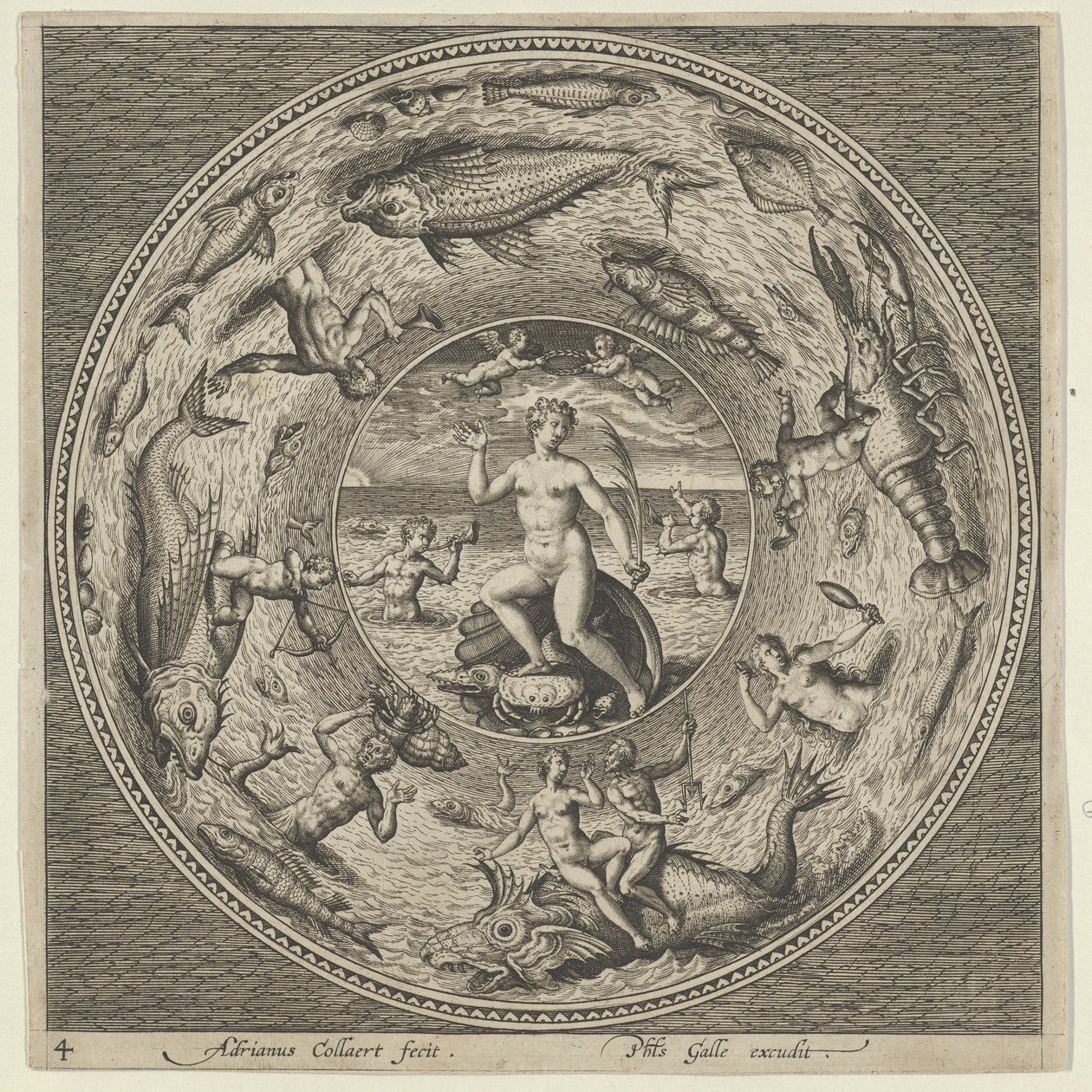 Diseño para una placa con Galatea en una concha flanqueada por trompetistas en un borde de medallón, c. 1600 de Adriaen Collaert
