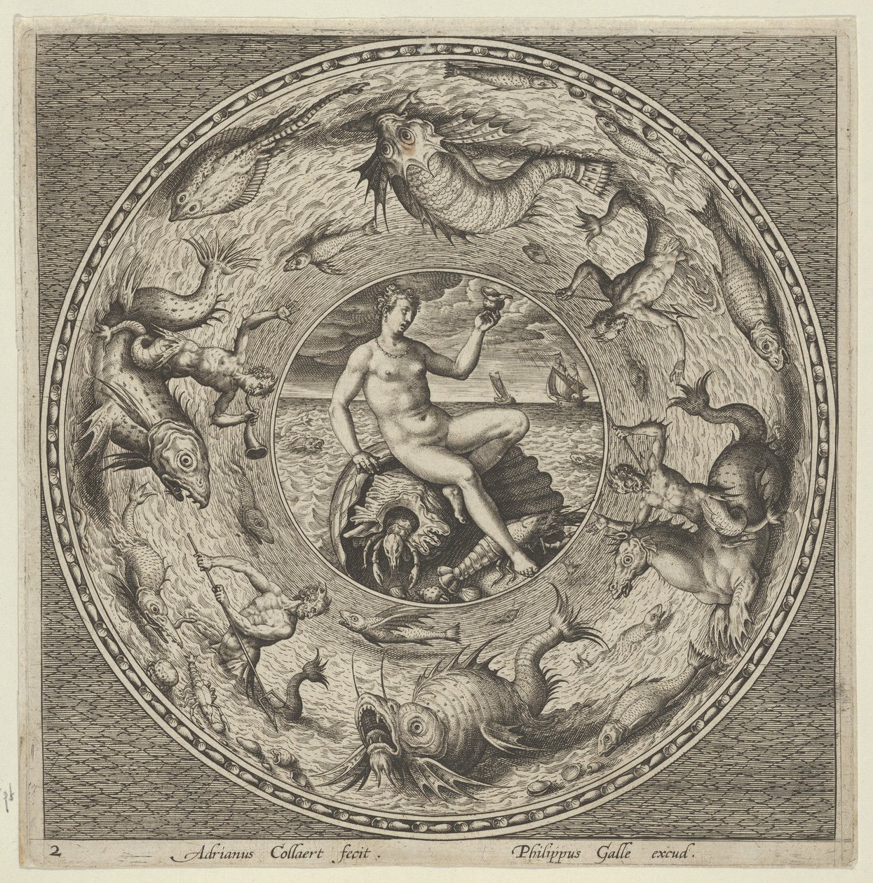 Diseño para un plato con Tetis en una concha en un medallón bordeado por monstruos marinos, c. 1600 de Adriaen Collaert