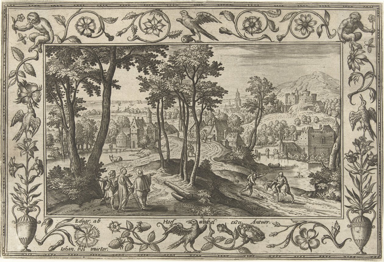 asistentes a Emaús Paisajes con escenas bíblicas, mitológicas y escenas de caza (título de la serie) de Adriaen Collaert