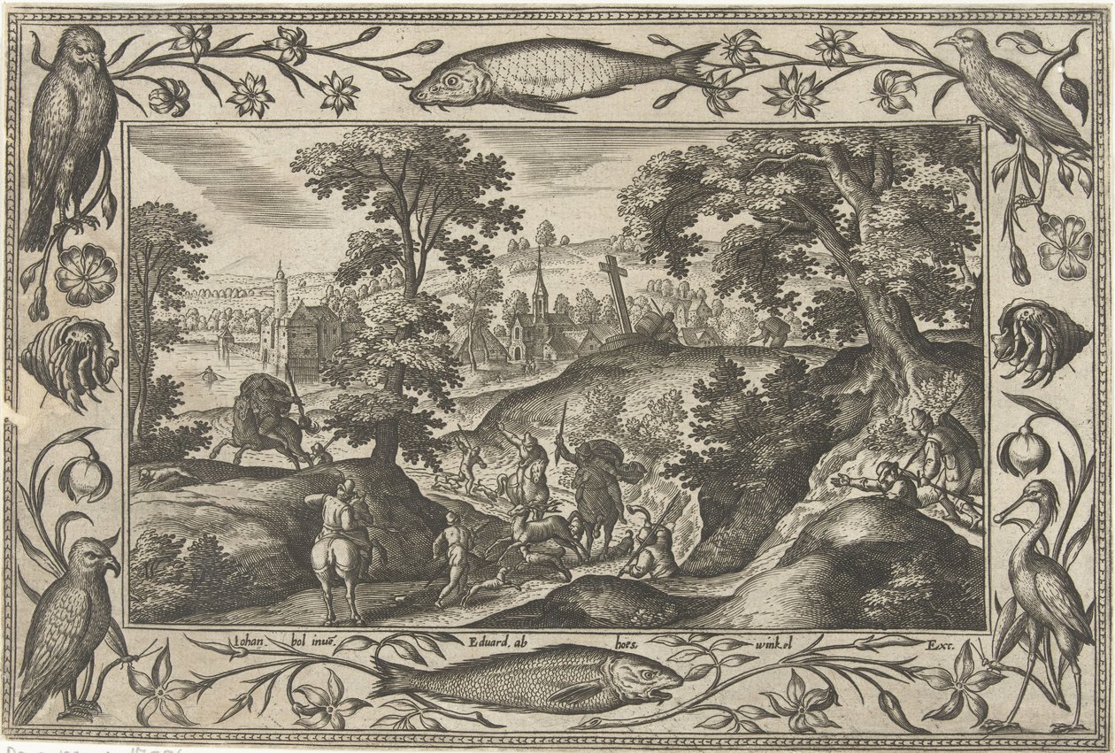 cacería de venados Paisajes con escenas bíblicas, mitológicas y escenas de caza (título de la serie) de Adriaen Collaert