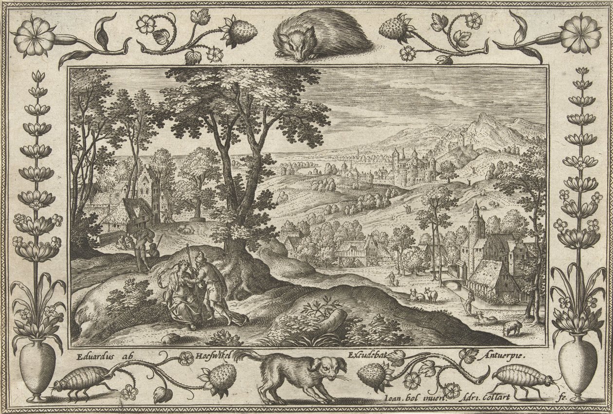 Judá y Tamar Paisajes con escenas bíblicas, mitológicas y escenas de caza (título de la serie) de Adriaen Collaert