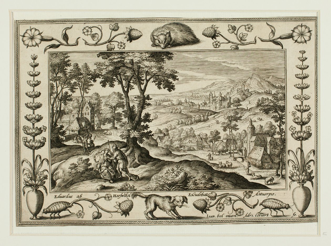 Judá y Tamar, de Paisajes con escenas del Antiguo y Nuevo Testamento y escenas de caza de Adriaen Collaert
