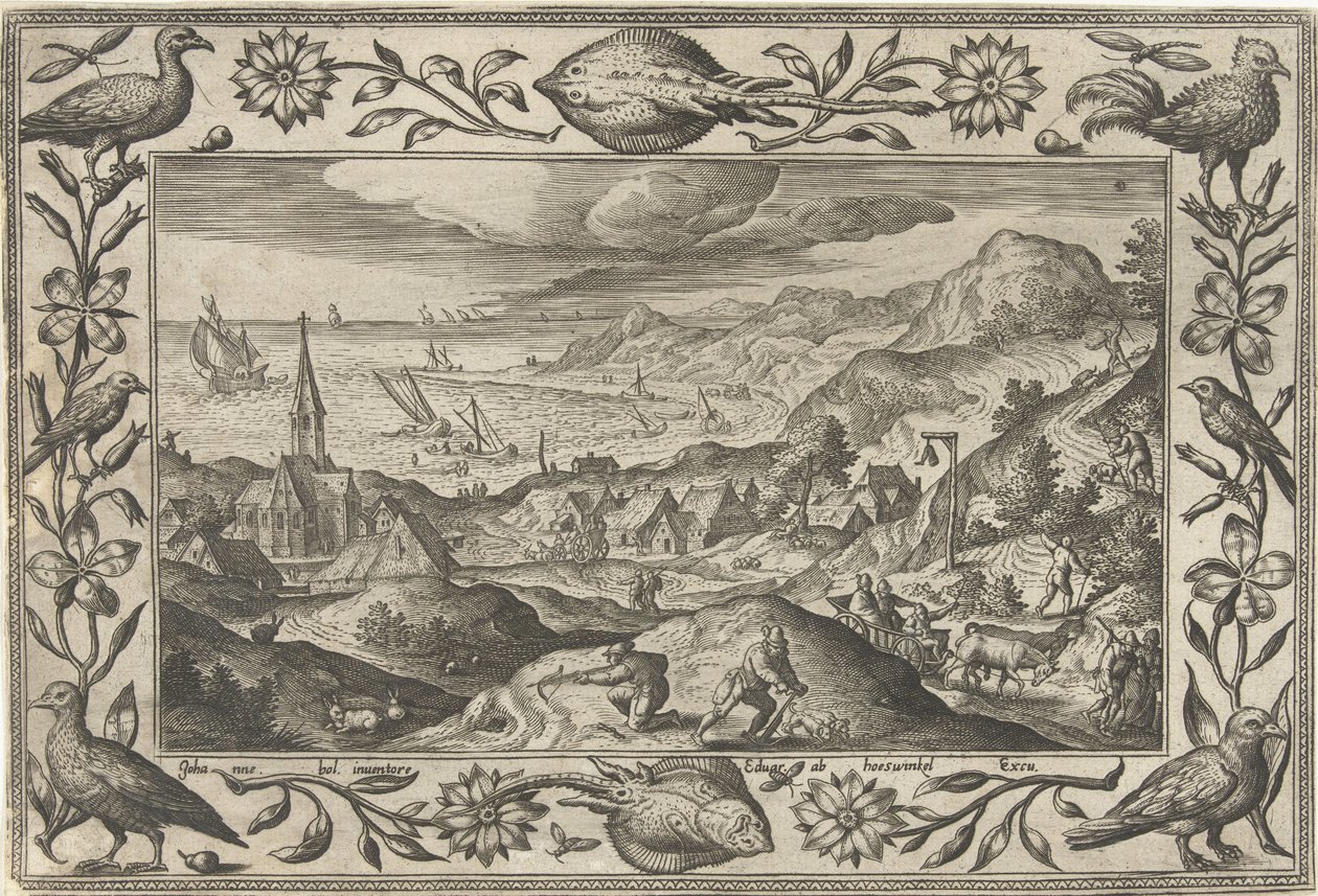 Caza de conejos Paisajes con escenas bíblicas, mitológicas y escenas de caza (título de la serie) de Adriaen Collaert