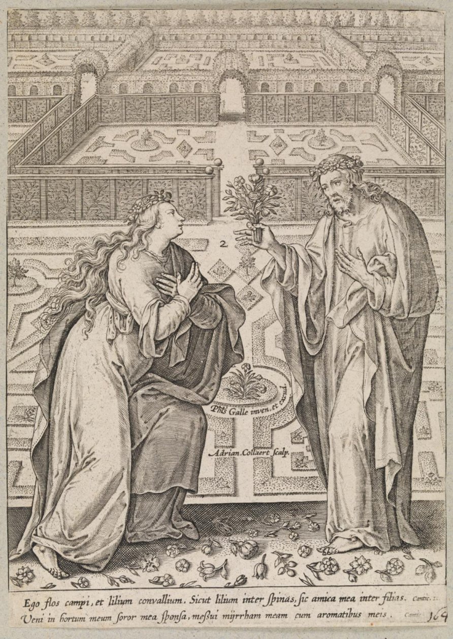 Cristo y su novia, Ecclesia, en un jardín de Adriaen Collaert