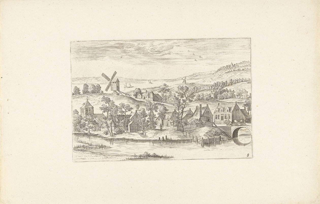 Paisaje con un río y un molino de viento Paisajes alrededor de Amberes (título de la serie) de Adriaen Collaert