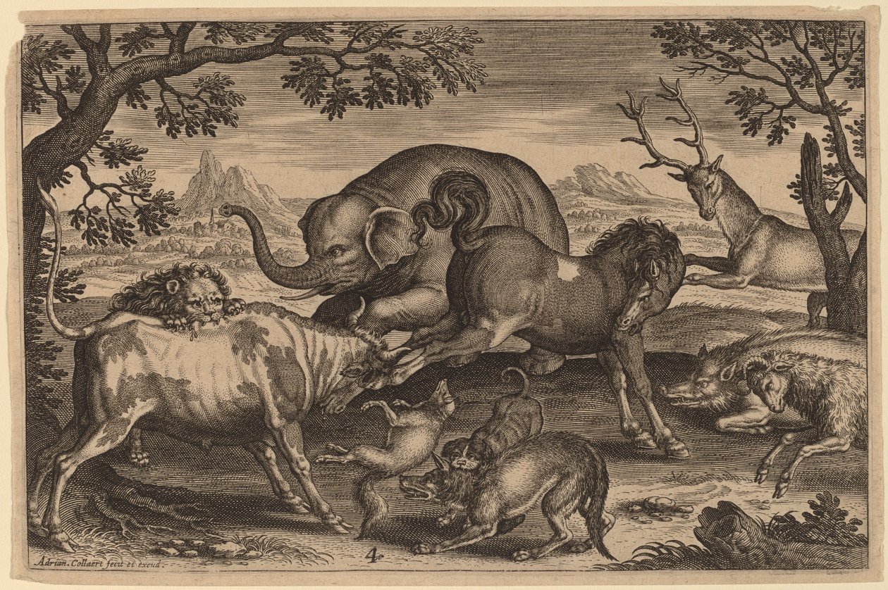 León, toro, zorro, lobo, perro, jabalí, cabra, caballo, elefante y ciervo de Adriaen Collaert