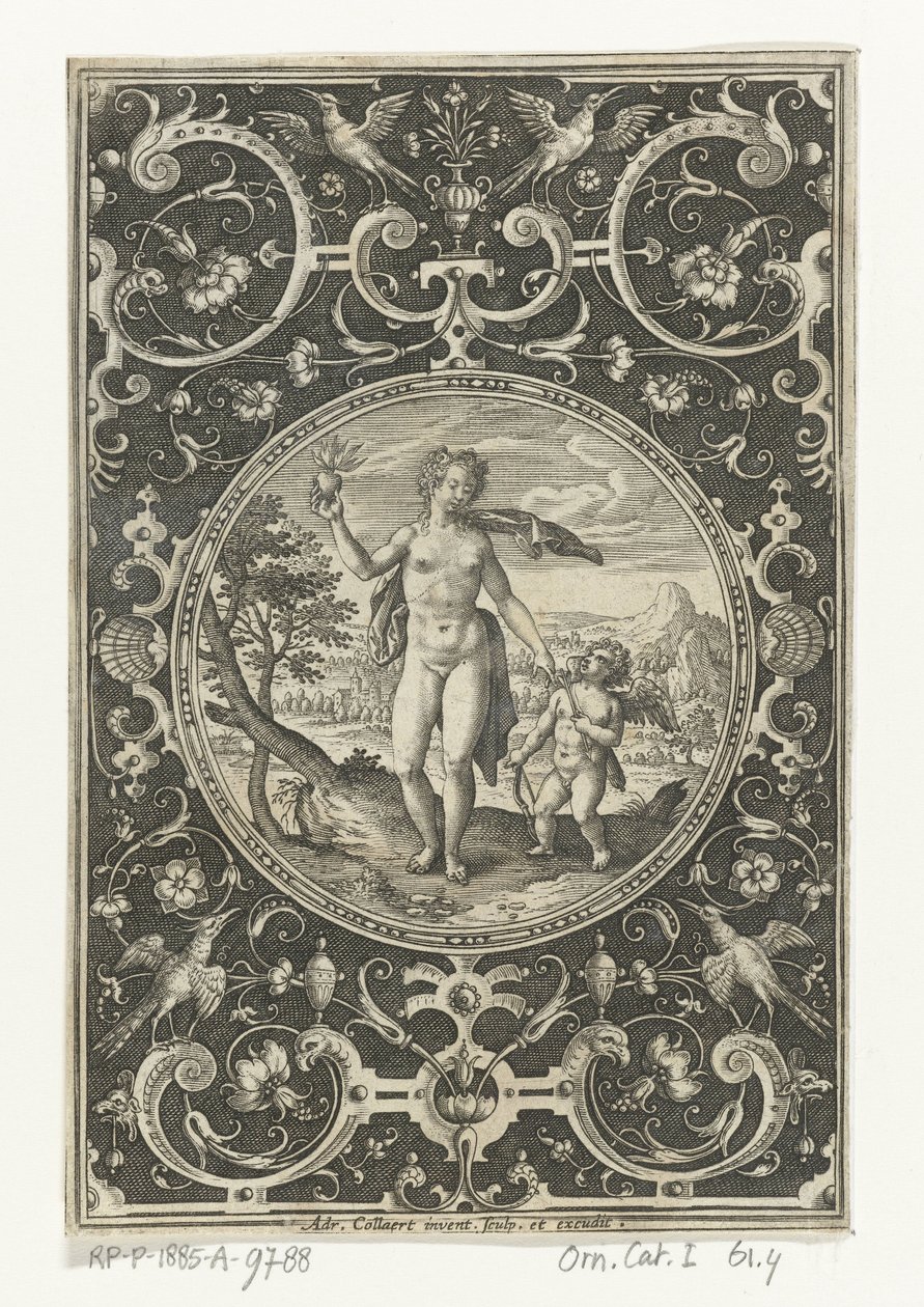 Medallón con Venus y Amor en un marco grotesco con flores, guirnaldas, animales y mascarones Medallones con figuras del Juicio de París (título de la serie) de Adriaen Collaert