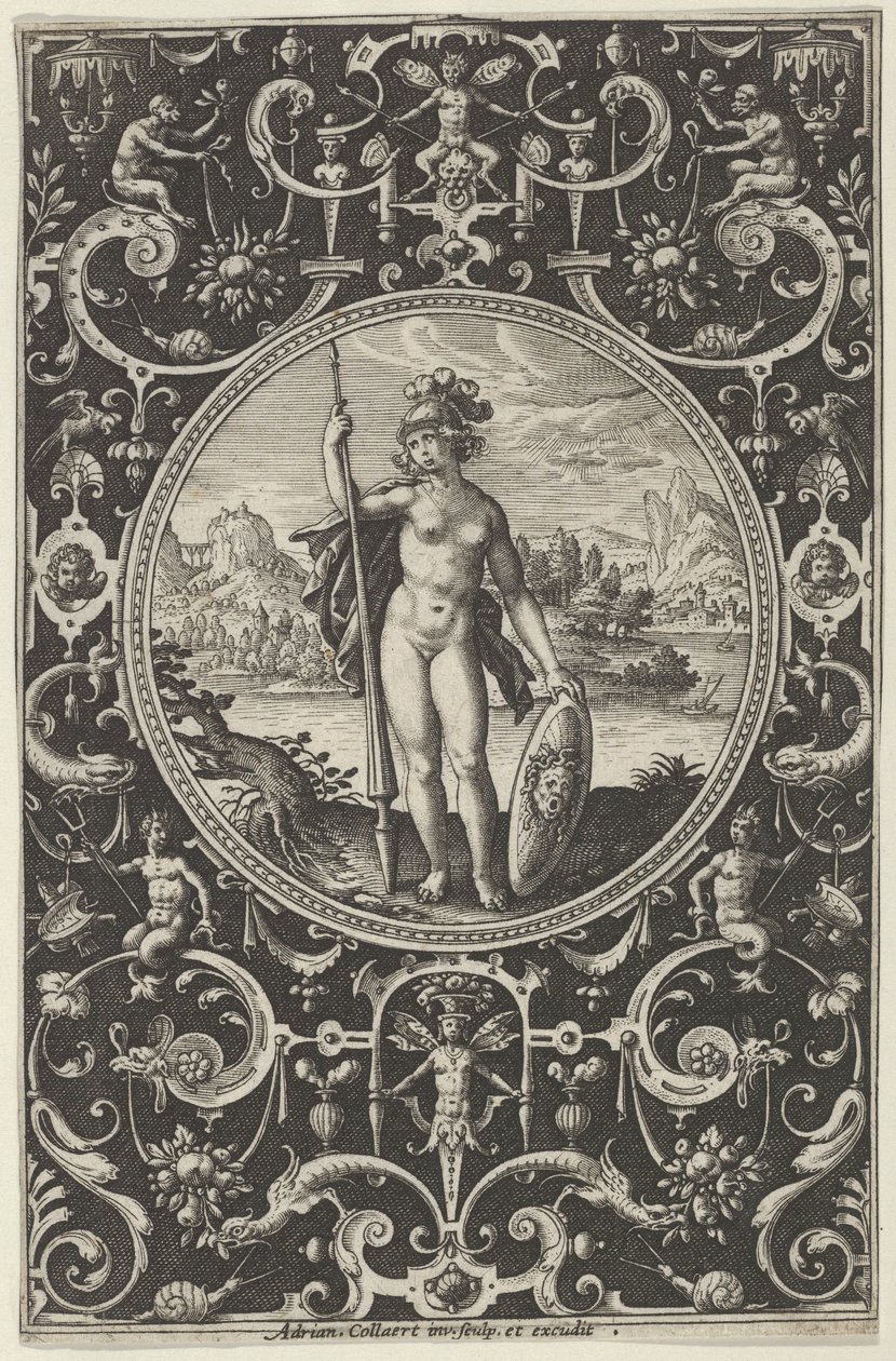Minerva en un marco decorativo con grotescos, del Juicio de Paris, c. 1580-1600 de Adriaen Collaert