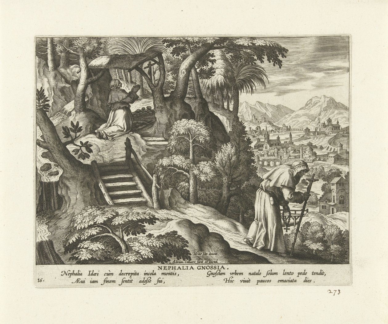 Nefalia de Knossos Nephalia Gnossia (título sobre el objeto) Ermitaños femeninos (título de la serie) Solitvdo sive vitae foeminarvm anachoritarvm (título de la serie) de Adriaen Collaert
