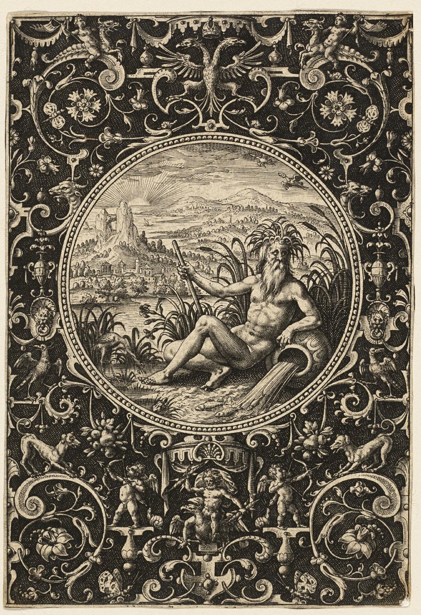 Neptuno como dios fluvial, lámina dos de El juicio de París de Adriaen Collaert