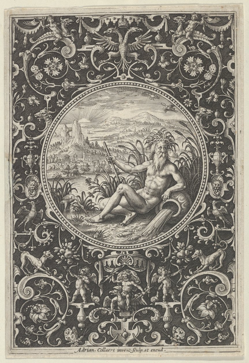 Neptuno en un marco decorativo con grotescos, del Juicio de Paris de Adriaen Collaert