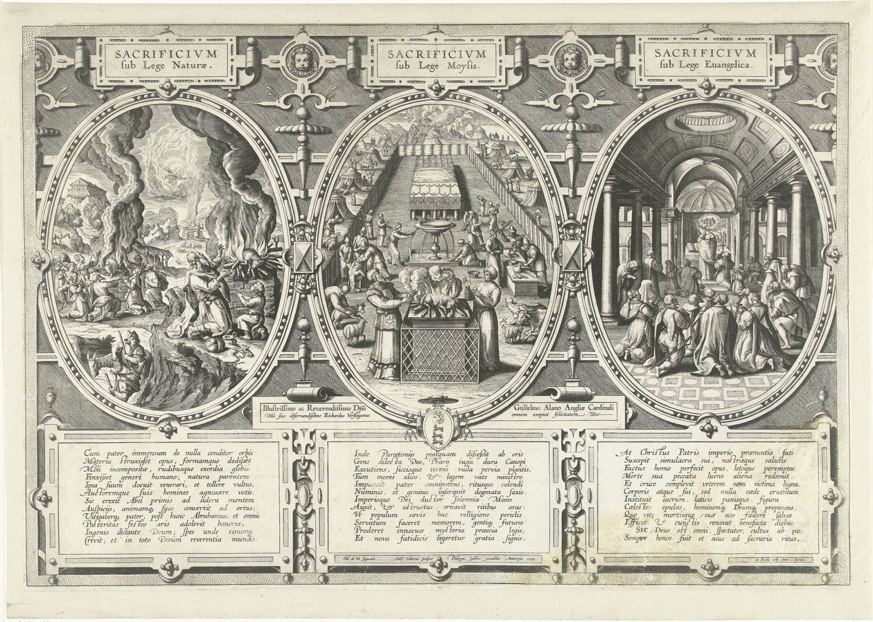 Ofertas onder de wet van de natuur, onder de wet van Mozes y onder de wet van het Evangelie Sacrificio bajo la Ley de la Naturaleza, Sacrificio bajo la Ley de Moisés, Sacrificio bajo la Ley del Evangelio (título sobre el objeto) de Adriaen Collaert