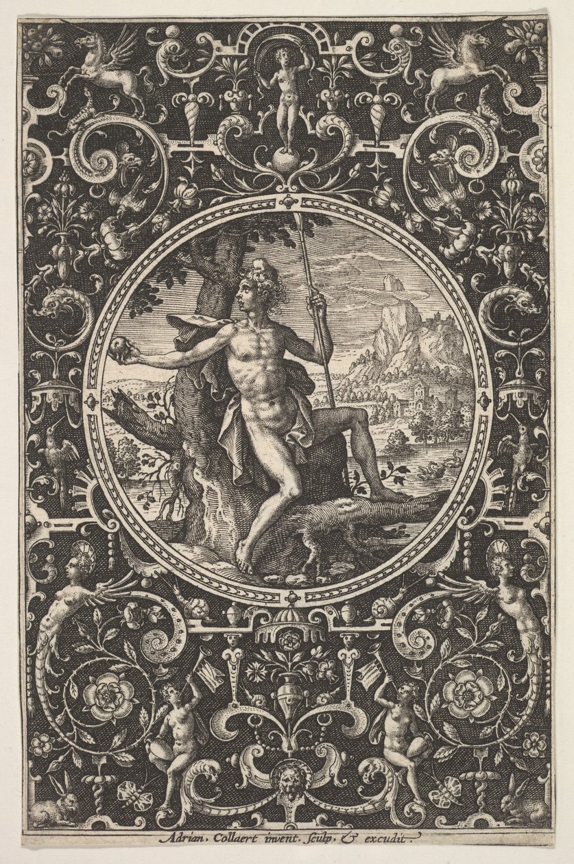 París en un marco decorativo con grotescos de Adriaen Collaert