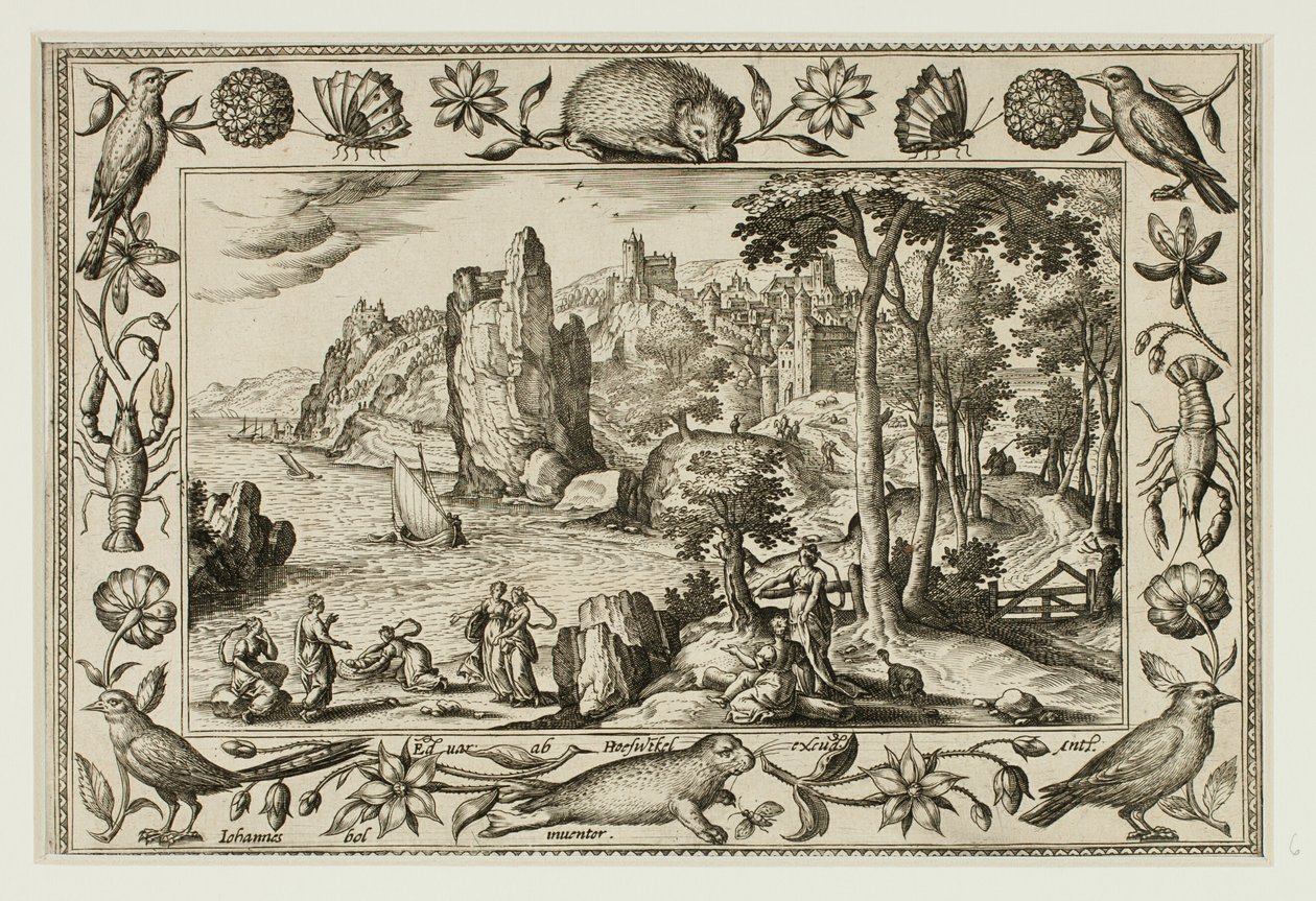 La hija del faraón encuentra a Moisés, de Paisajes con escenas del Antiguo y Nuevo Testamento y Escenas de caza de Adriaen Collaert