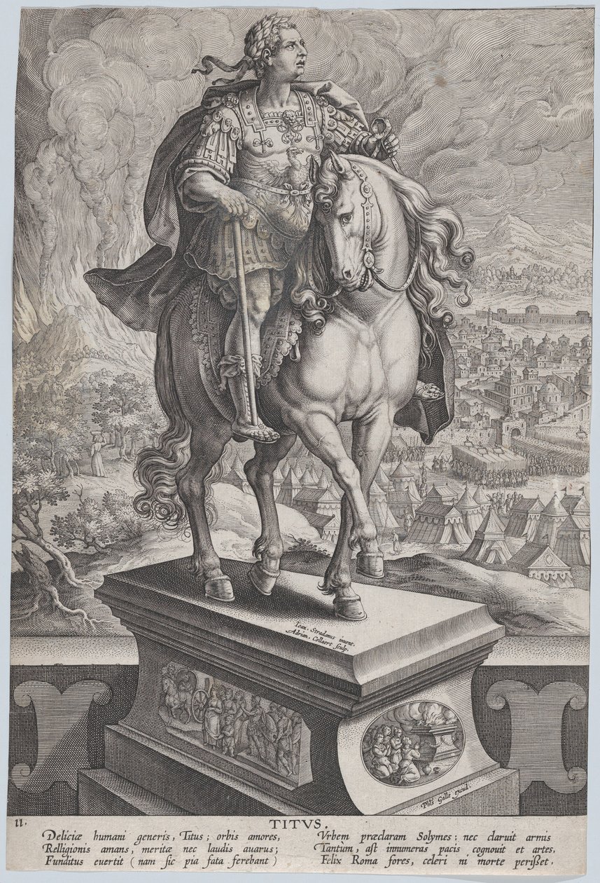 Estatua ecuestre de Tito, vista tres cuartos a la derecha, Monte Vesubio, ca. 1587-89 de Adriaen Collaert