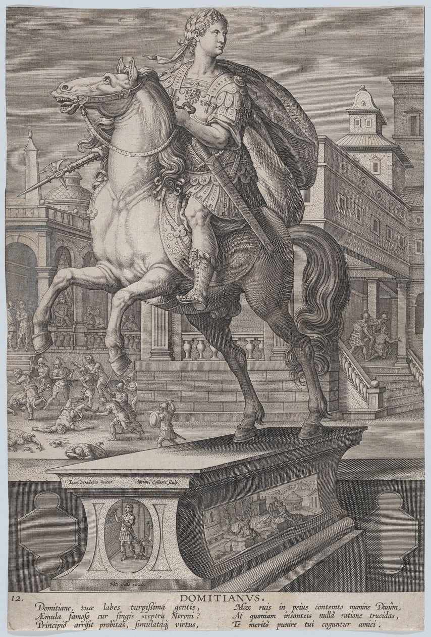 Lámina 12: estatua ecuestre de Domiciano, vista tres cuartos a la izquierda, con su..., ca. 1587-89 de Adriaen Collaert