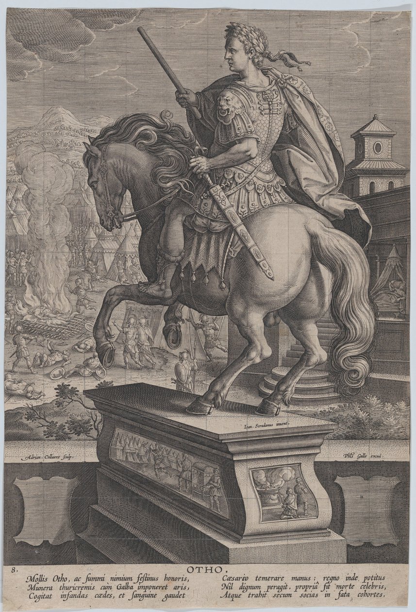 Placa 8: estatua ecuestre de Otho, vista desde atrás, su escena de muerte en el fondo de Adriaen Collaert