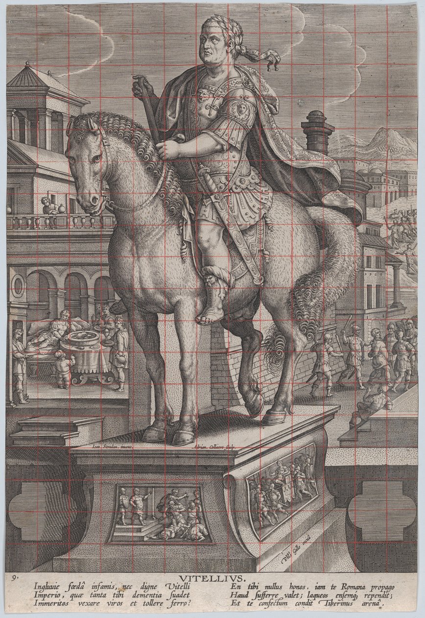 Placa 9: estatua ecuestre de Vitelio, vista tres cuartos a la izquierda, ca. 1587-89 de Adriaen Collaert