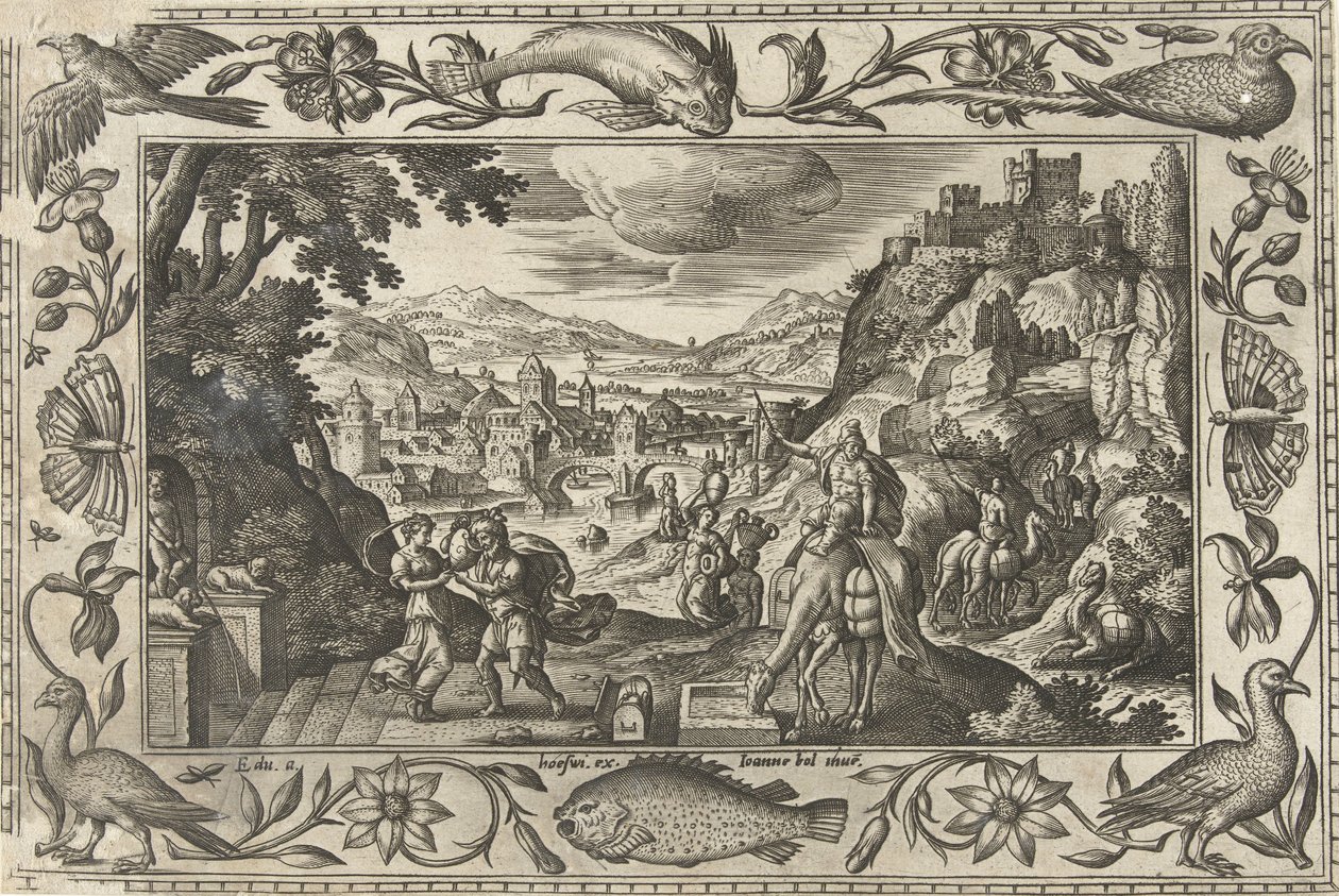 Rebeca y Eliezer junto al pozo Paisajes con escenas bíblicas, mitológicas y escenas de caza (título de la serie) de Adriaen Collaert