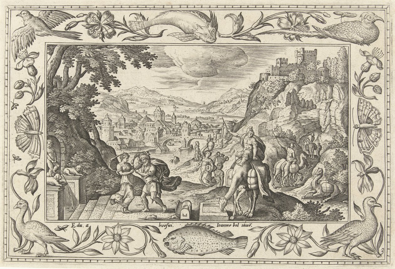 Rebeca y Eliezer junto al pozo Paisajes con escenas bíblicas, mitológicas y escenas de caza (título de la serie) de Adriaen Collaert