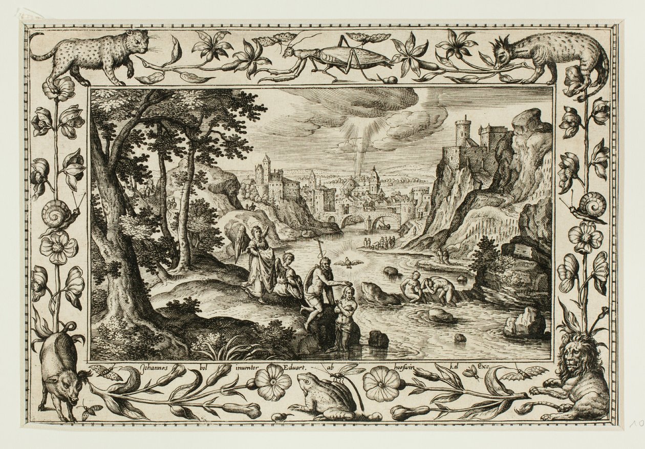 El bautismo de Cristo, de Paisajes con escenas del Antiguo y Nuevo Testamento y Escenas de caza de Adriaen Collaert