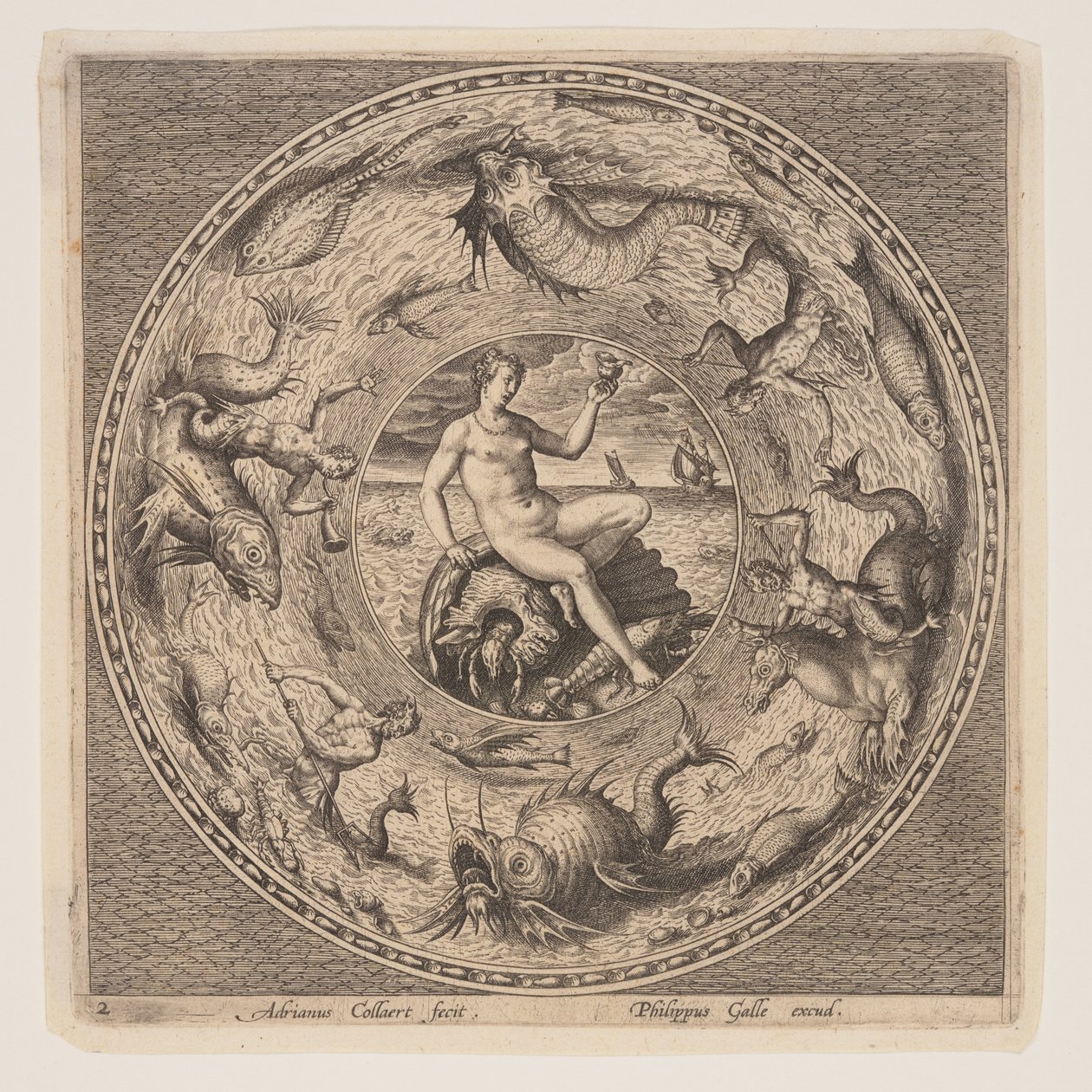 Tetis sobre una concha, de un conjunto de diseños para láminas (Fonds de Coupe) de Adriaen Collaert