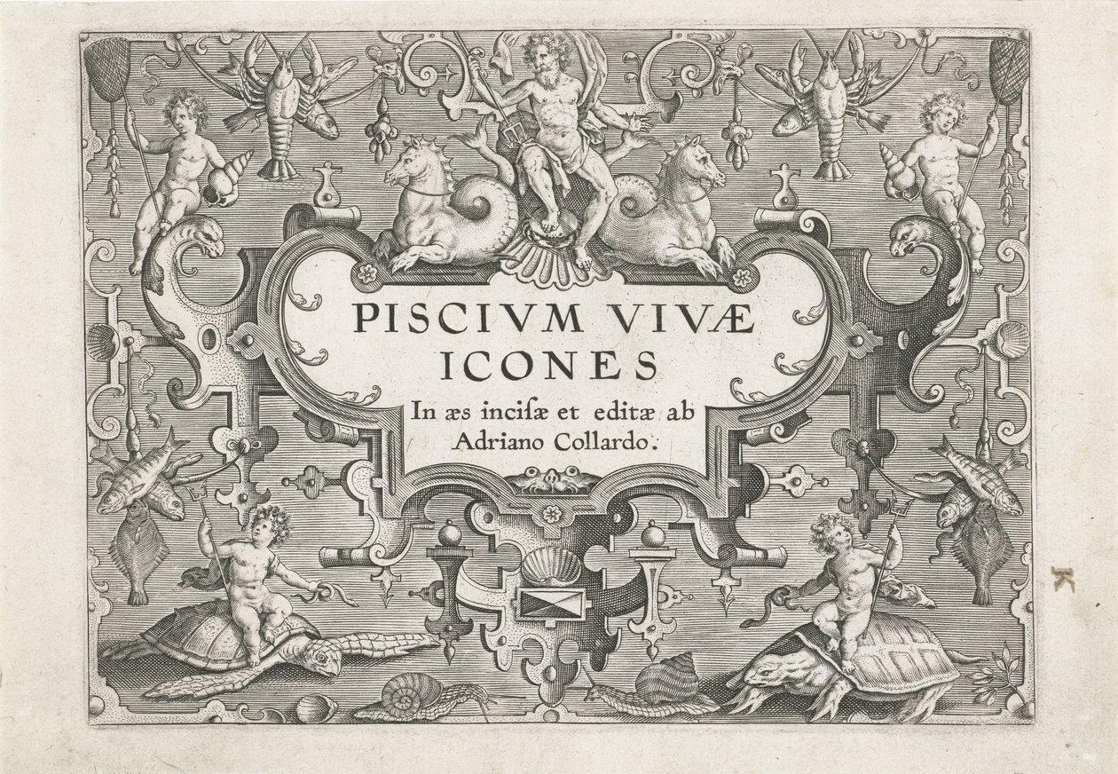 Impresión de título con criaturas marinas como adornos. Pesca (título de la serie) Iconos de Piscium vivae (título de la serie) de Adriaen Collaert