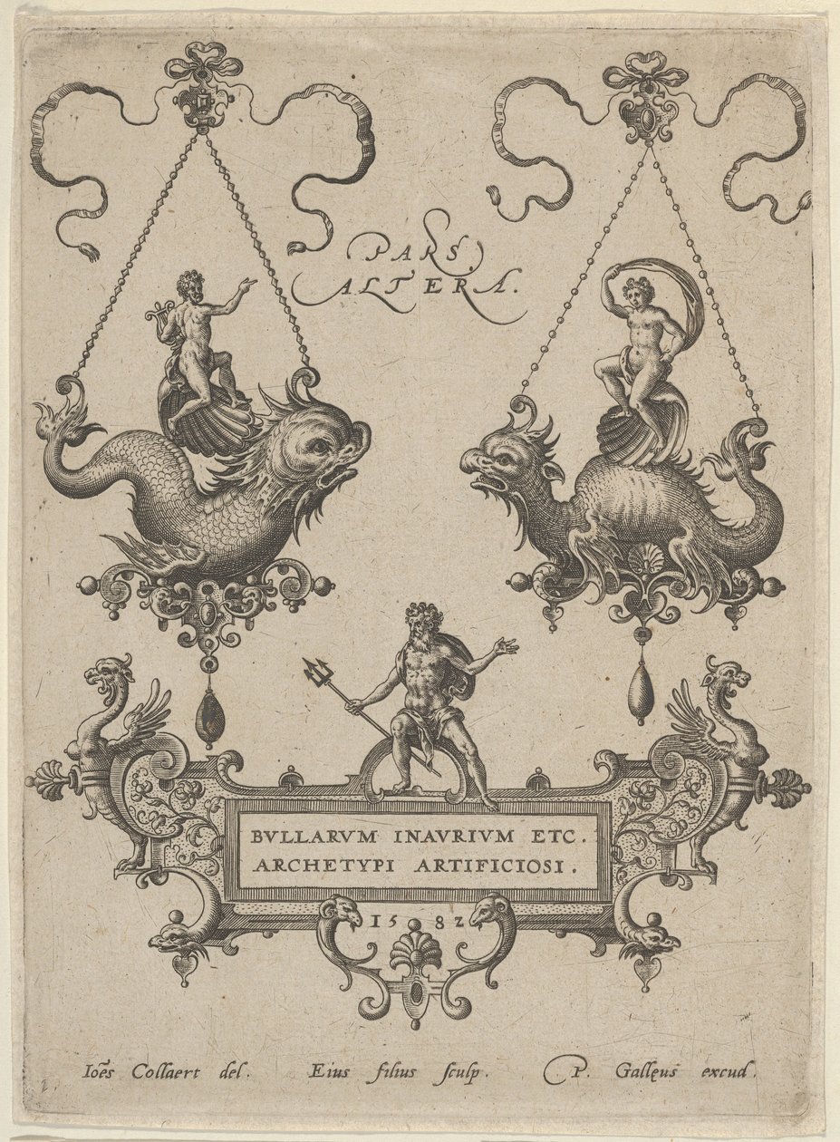 Placa de título con dos diseños de colgantes arriba y Neptuno de pie sobre un cartucho abajo, 1582 de Adriaen Collaert