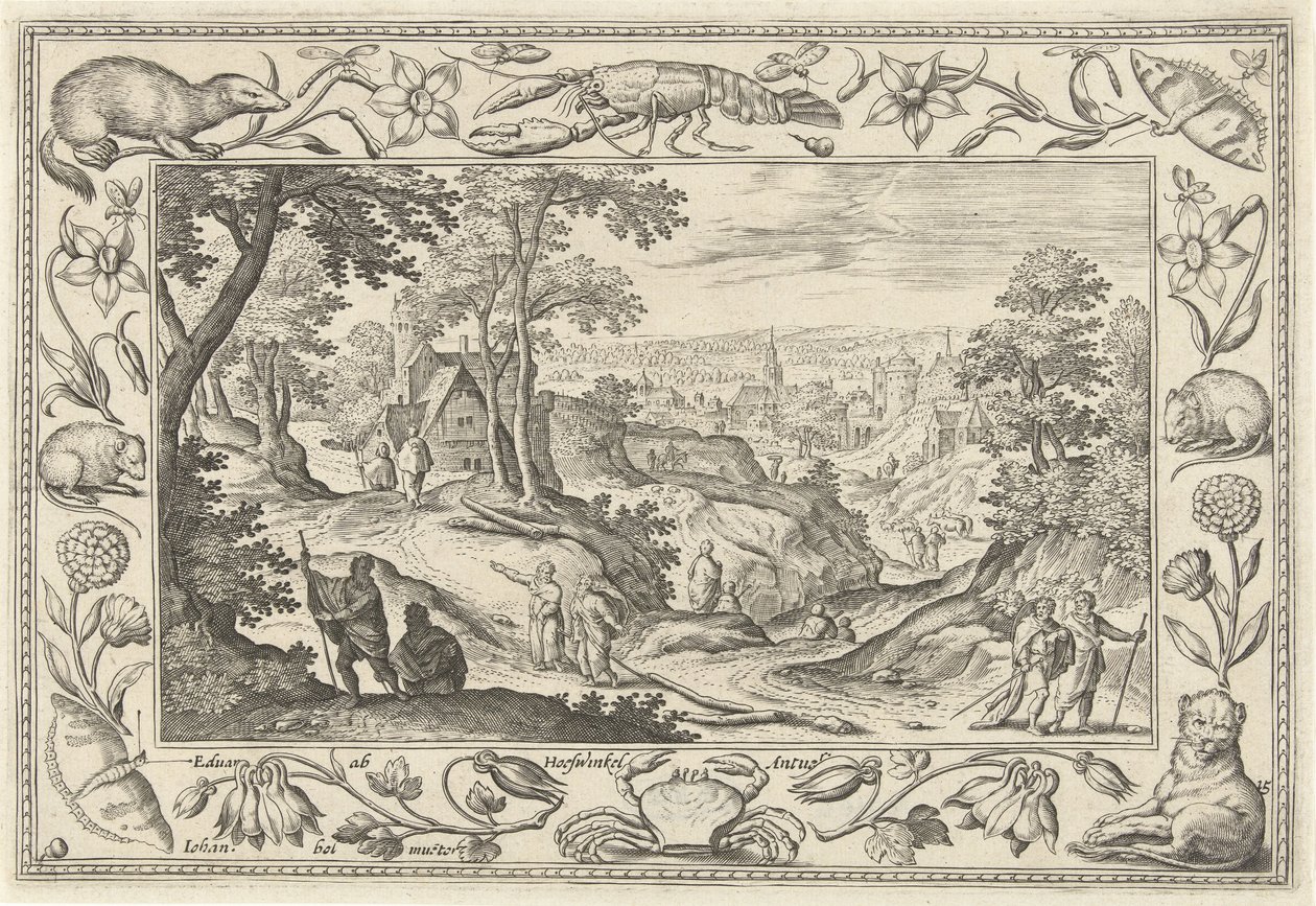 Radiodifusión de los Apóstoles Paisajes con escenas bíblicas, mitológicas y escenas de caza (título de la serie) de Adriaen Collaert