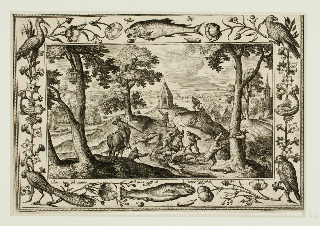 Caza del lobo, de Paisajes con escenas del Antiguo y Nuevo Testamento y Escenas de caza de Adriaen Collaert