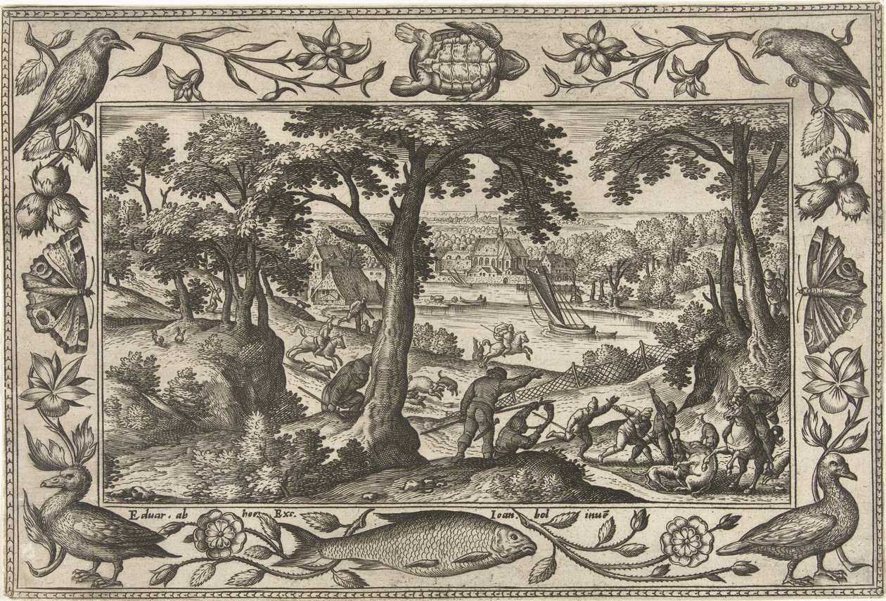 caza del jabalí Paisajes con escenas bíblicas, mitológicas y escenas de caza (título de la serie) de Adriaen Collaert