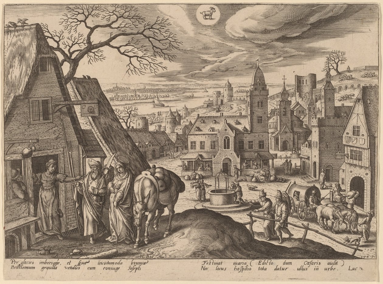 La Virgen y José en la posada de Adriaen Collaert after Hans Bol