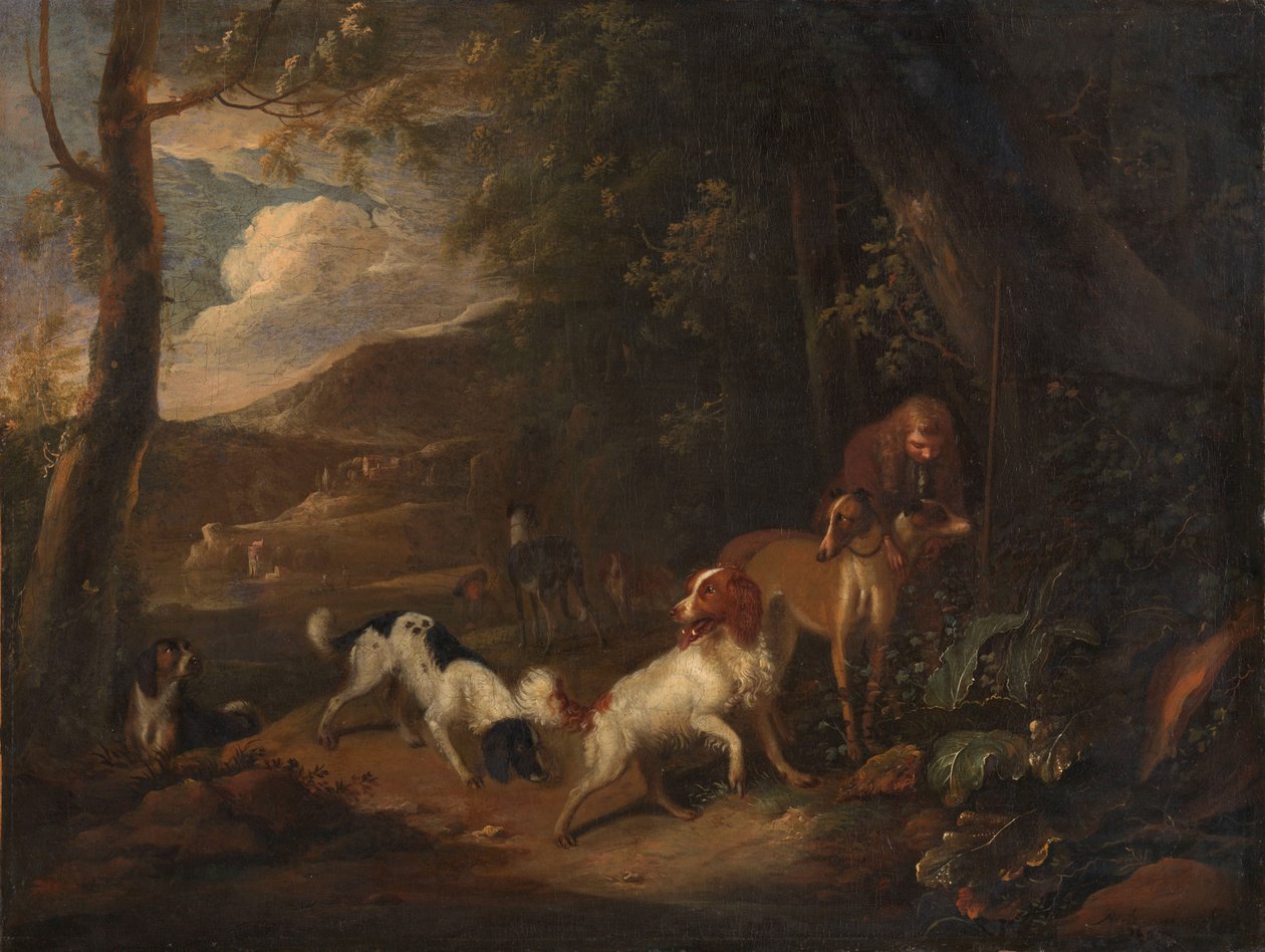 Cazador con sabuesos al borde de un bosque de Adriaen Cornelisz Beeldemaker
