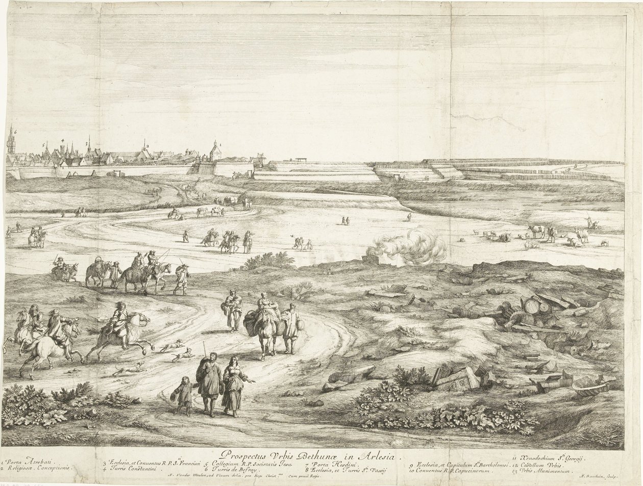 Vista de Bethune (hoja derecha) Veuë de la Ville de Bethune en Artois (título sobre el objeto) de Adriaen Frans Boudewyns