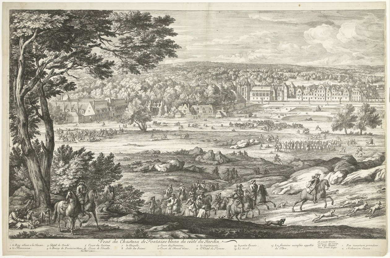 Vista del castillo de Fontainebleau (página izquierda) Veuë du Chasteau de Fontainebleau du costé du Jardin (título sobre el objeto) de Adriaen Frans Boudewyns