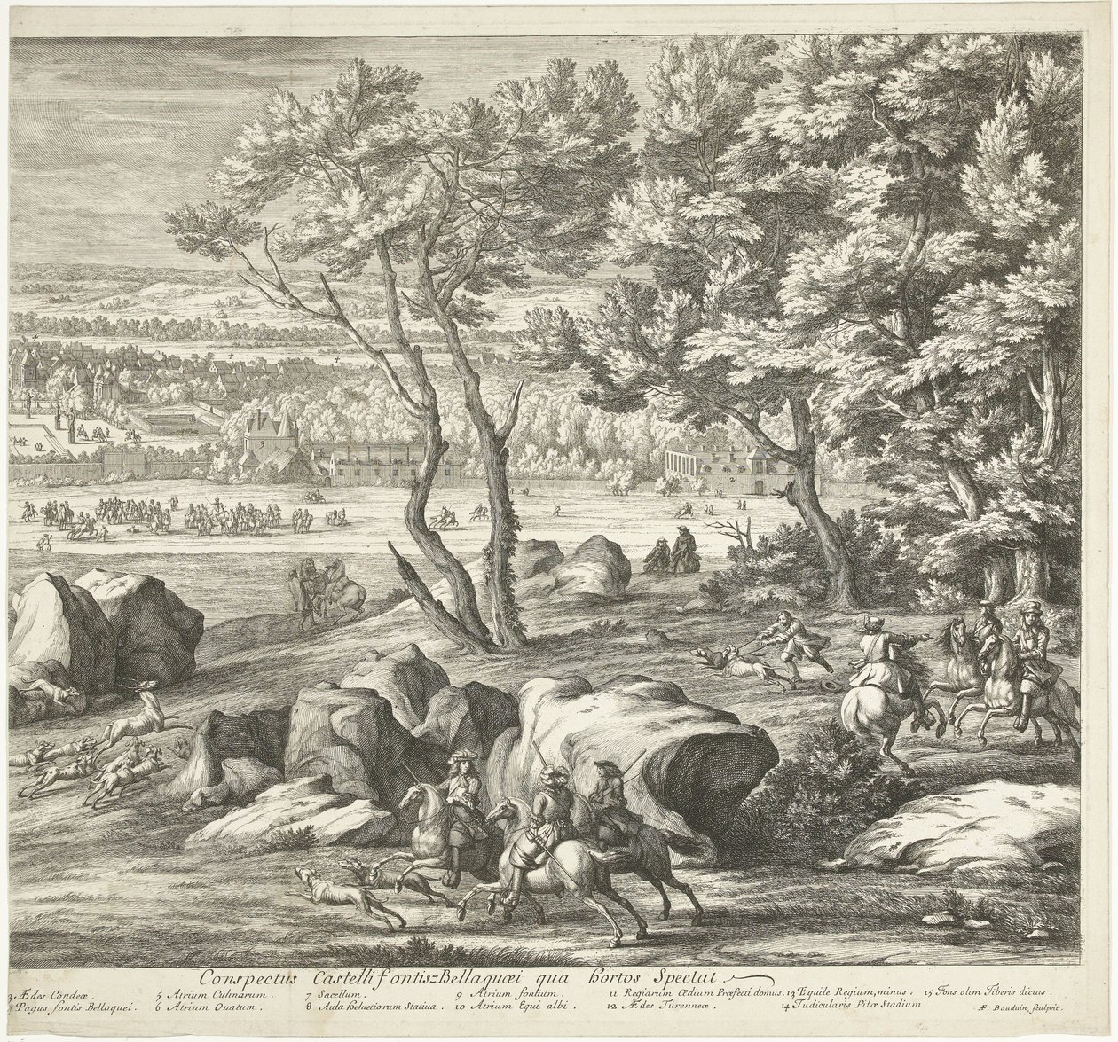 Vista del castillo de Fontainebleau (página derecha) Veuë du Chasteau de Fontainebleau du costé du Jardin (título sobre el objeto) de Adriaen Frans Boudewyns