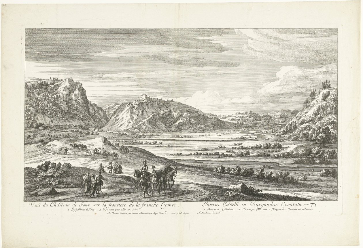 Vista del castillo de Joux Veuë du Chasteau de Joux sur la frontiere de la franche Comté (título sobre el objeto) de Adriaen Frans Boudewyns