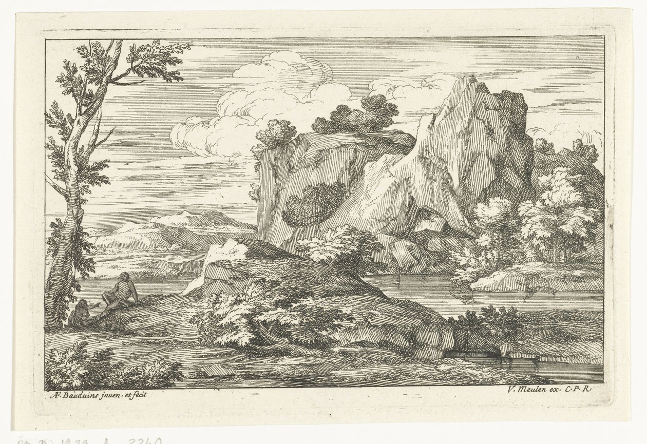 Paisaje con una gran roca junto a un río. de Adriaen Frans Boudewyns