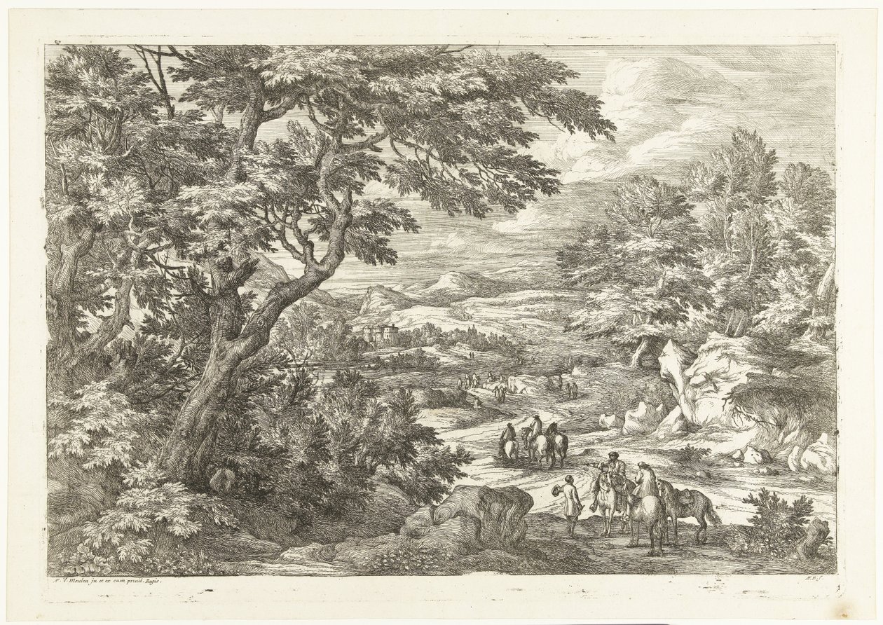 Paisaje con cazadores de camino a casa, un castillo en la distancia
Paisaje con cazadores (título de la serie) de Adriaen Frans Boudewyns