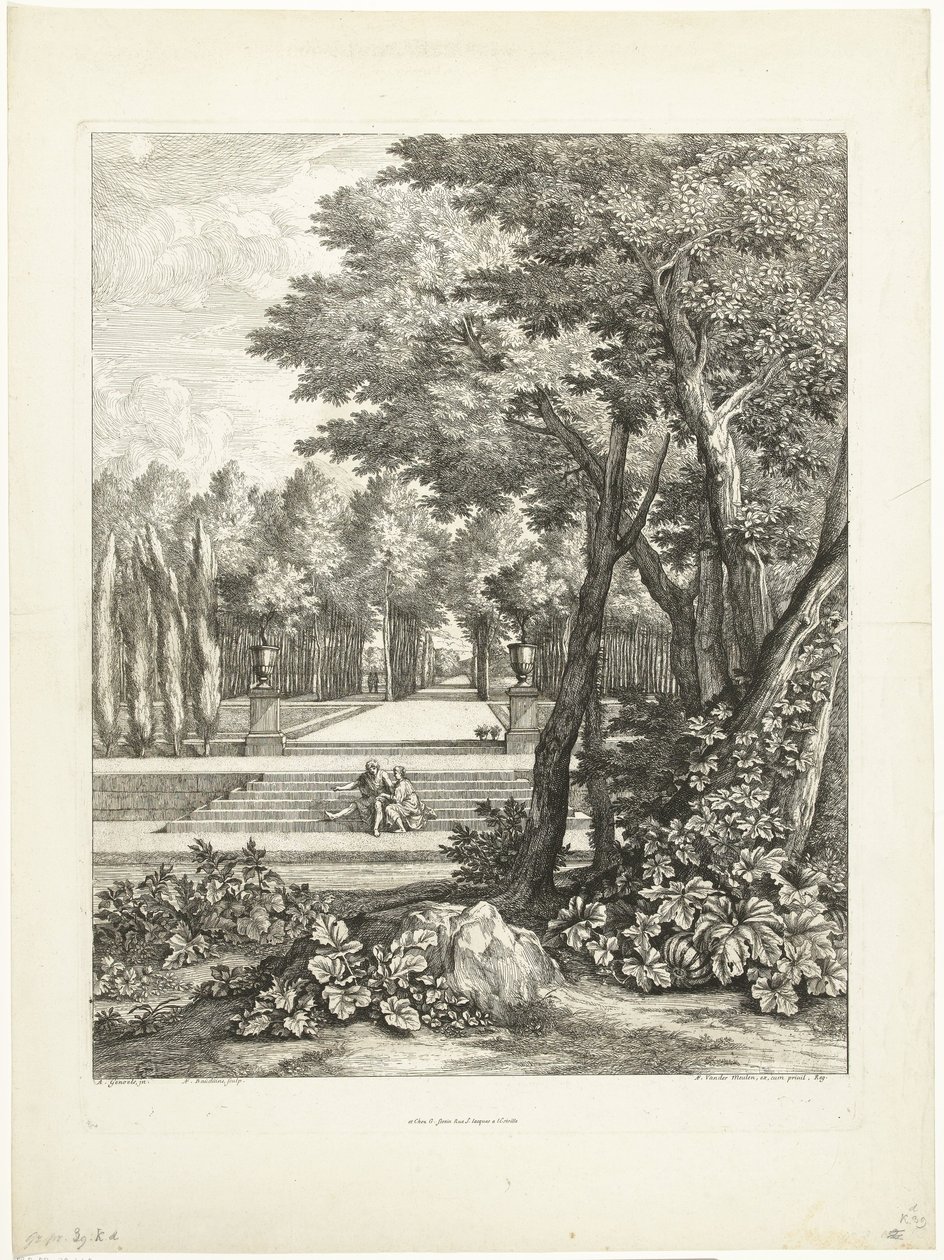 Paisaje con pareja sentada en una escalera en el jardín. de Adriaen Frans Boudewyns