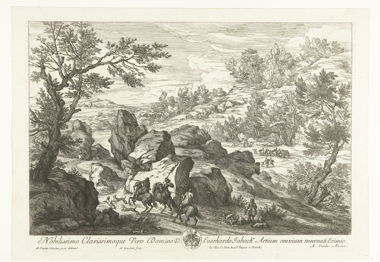 Paisaje con jinetes en un afloramiento rocoso Paisajes con cazadores (título de serie) de Adriaen Frans Boudewyns