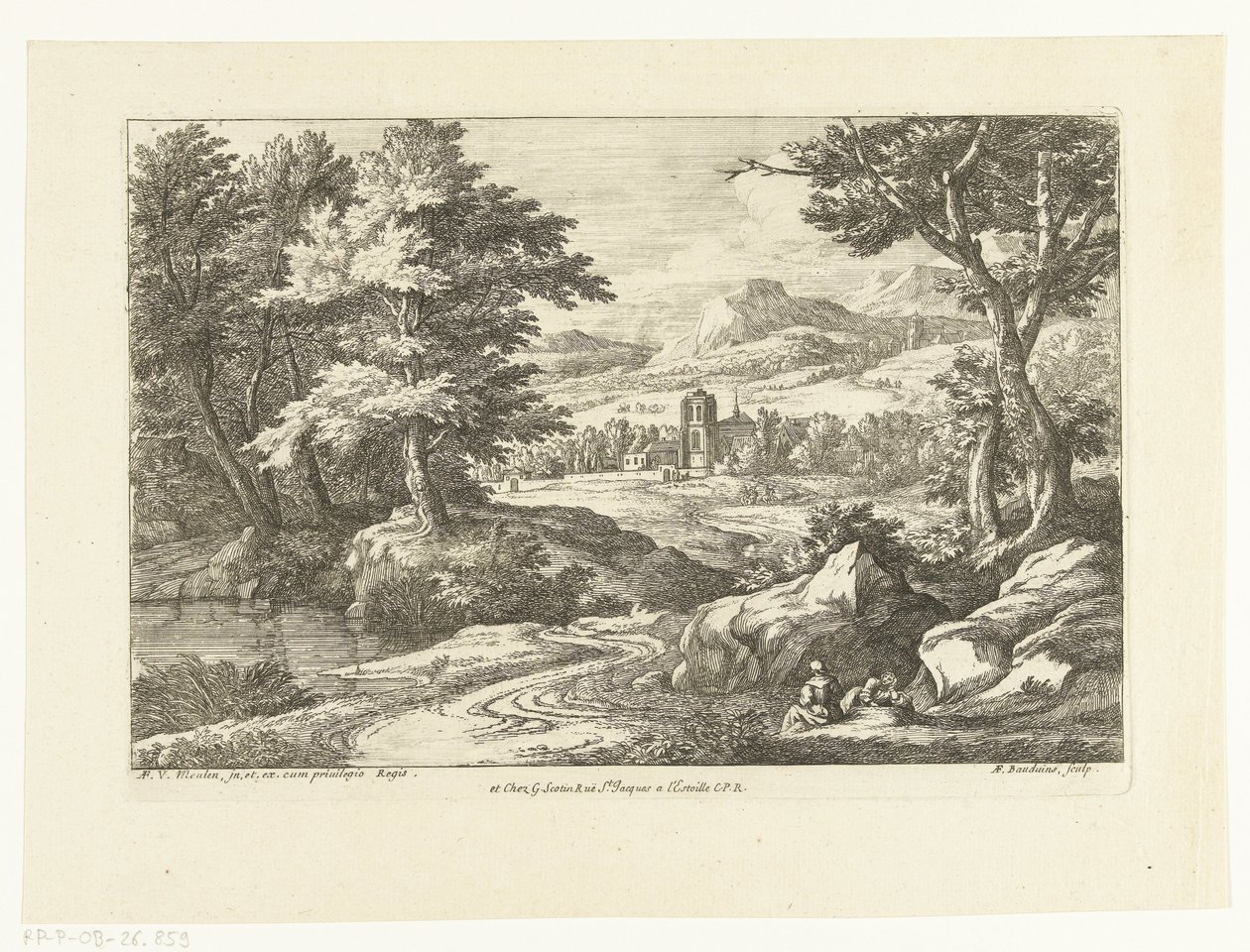 Paisaje con dos figuras a lo largo de un camino, una iglesia en la distancia de Adriaen Frans Boudewyns